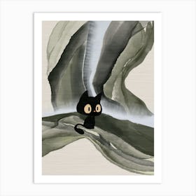 Black Cat With Waterfall Art Print