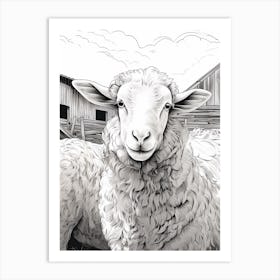 Black & White Illustration Of Highland Sheep In The Barn 2 Art Print