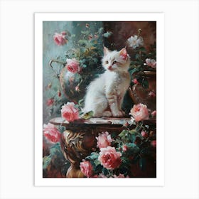 Rococo Painting Inspired Of Kitten With Pink Flowers  Art Print