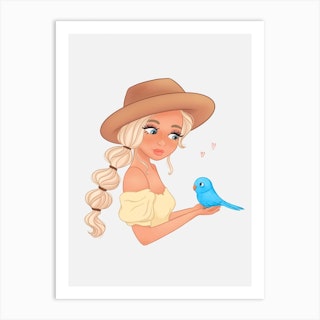 Girl And Bird Art Print
