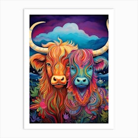 Two Highland Cows At Night Colourful Illustration Art Print