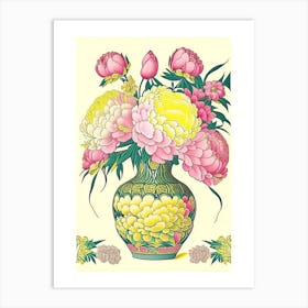 Vase Of Colourful Peonies Pink And Yellow 1 Drawing Art Print