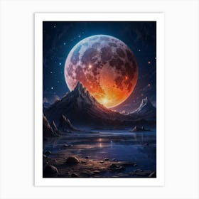 A full moon graces a surreal planet, its glow casting shadows on alien mountains — a cosmic nature in the galaxy of an interstellar landscape. Art Print