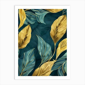 Gold Leaves On Blue Background Art Print