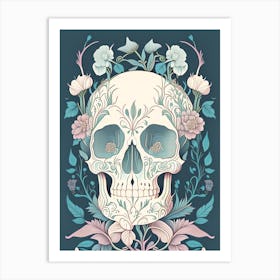 Skull With Floral Patterns 2 Pastel Line Drawing Art Print