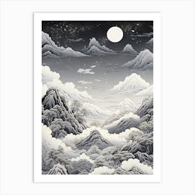 The Japanese Alps In Multiple Prefectures, Ukiyo E Black And White Line Art Drawing 3 Art Print