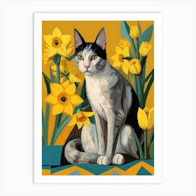 Cat With Daffodils Art Print