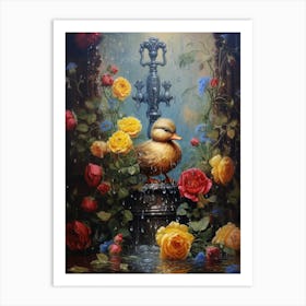 Duckling In The Fountain Floral Painting 2 Art Print