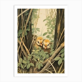 Ducklings In The Leaves Japanese Woodblock Style 2 Art Print