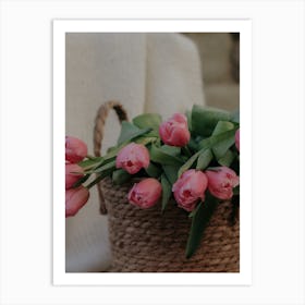 Pink Tulips In A Basket Art Print