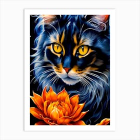 Cat With Lotus Flower Art Print