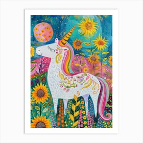 Unicorn In A Sunflower Field Brushstrokes 1 Art Print
