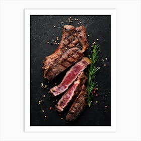 BBQ, Grilled steak on a bone — Food kitchen poster/blackboard, photo art Art Print