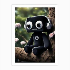 Little Black Robot With Headphones Art Print