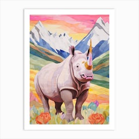 Patchwork Floral Rhino With Mountain In The Background 8 Art Print
