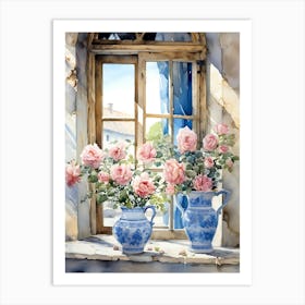 Pink Roses by the Windowsill Art Print