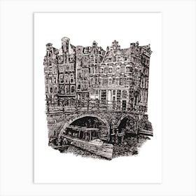 Black and White Amsterdam Canal Scene Illustration Art Print