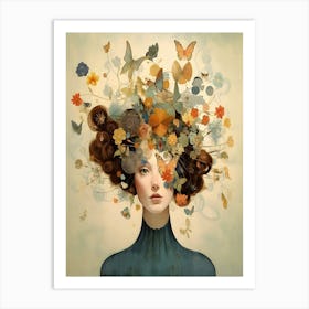 Woman With Butterflies On Her Head Art Print