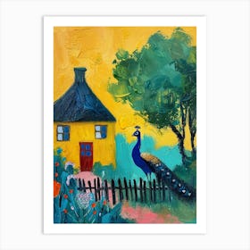 Peacock By A Thatched Cottage Textured Painting 3 Art Print