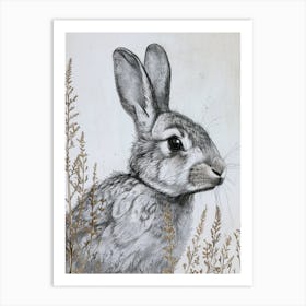 English Silver Blockprint Rabbit Illustration 6 Art Print