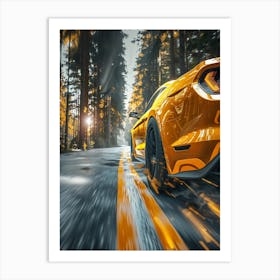 Golden Mustang Driving In The Forest Art Print