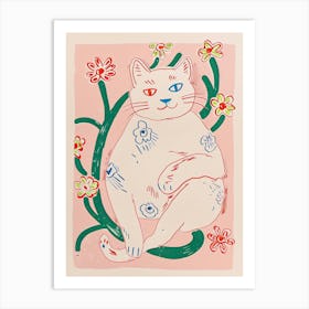 Cute Cat With Flowers Illustration 1 Art Print