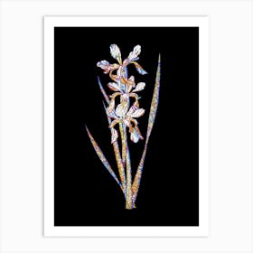 Stained Glass Yellow Banded Iris Mosaic Botanical Illustration on Black Art Print