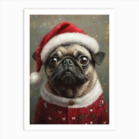 Pug In Christmas Jumper And Santa Hat Art Print