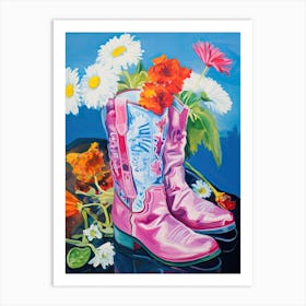 Oil Painting Of Wild Flowers And Cowboy Boots, Oil Style 1 Art Print