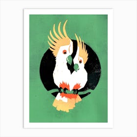 Two Cockatoos In Love Green Art Print