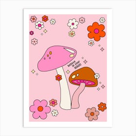 Colorful Mushrooms And Flowers Pink Art Print