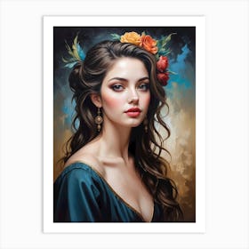 Portrait Of A Woman With Flowers 10 Art Print