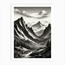 Monochrome Mountain Landscape Art Print (6) Art Print