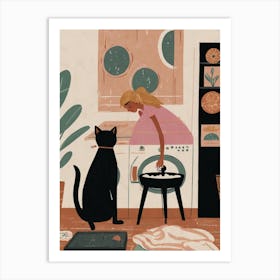 Illustration Of A Girl And Cat Art Print