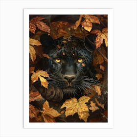 Black Leopard In Autumn Leaves Art Print