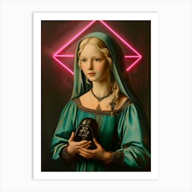 Lady with Dark Vador and pink neon, altered pop ancient oil painting Art Print