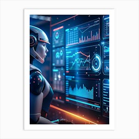 A White Female Robot With A Headset, Looking At A Large Screen Displaying Data And Charts In A Futuristic Setting Art Print