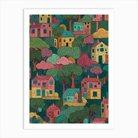 Seamless Pattern With Houses And Trees Art Print