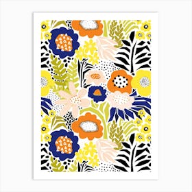 Paper Cut And Doodle Floral Collage Yellow Navy Peach Orange Art Print