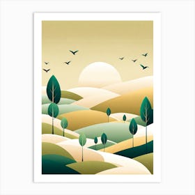 Landscape With Trees And Birds, minimalistic vector art 6 Art Print