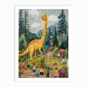 Dinosaur & Children In A Village Painting Art Print