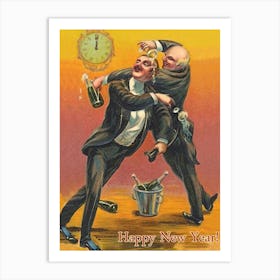 Two Drunk Men Celebrating A New Year, Funny Holiday Poster Art Print