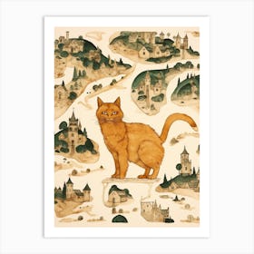Medieval Village On A Map With A Ginger Cat Art Print