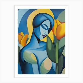 Blue Woman With Tulips Art Print