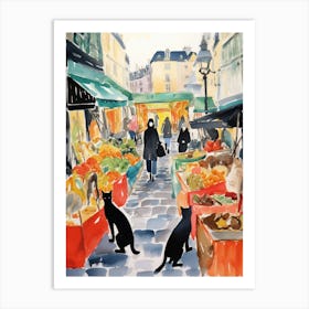 Food Market With Cats In Paris 1 Watercolour Art Print