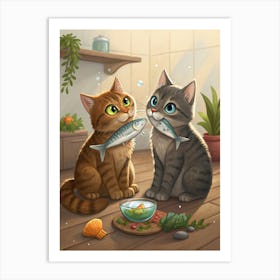 Two Cats Eating Fish Poster