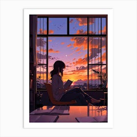 Anime Girl Reading At Sunset Art Print