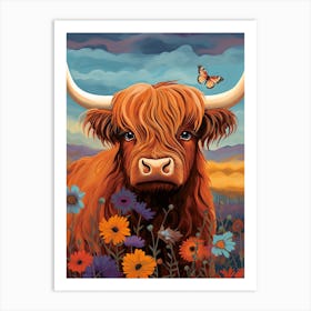 Digital Portrait Of Highland Cow & Butterflies 2 Art Print