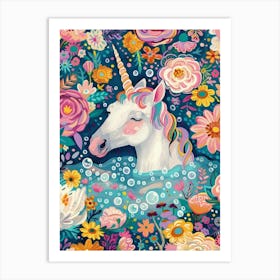 Unicorn In A Bubble Bath Spring Floral Art Print