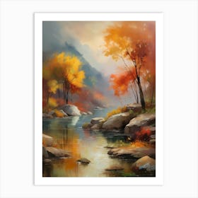 Autumn Lake,Forest Lake, Vintage Oil Painting, Farmhouse Wall Decorations, Antique Landscape, Vintage Landscape Oil Painting.4 6 Art Print